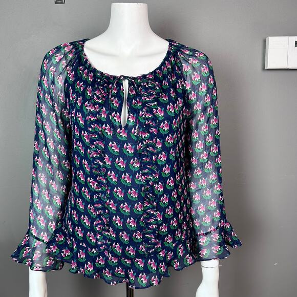 Diane von Furstenberg top size 4 floral bell cuff ruffle blue peasant boho silk - Picture 1 of 16